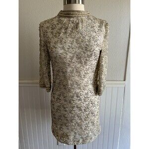 Vtg 60'S Heavily Beaded Lace Mini Dress Hong Kong Ivory & Silver Mod Size 8, Med